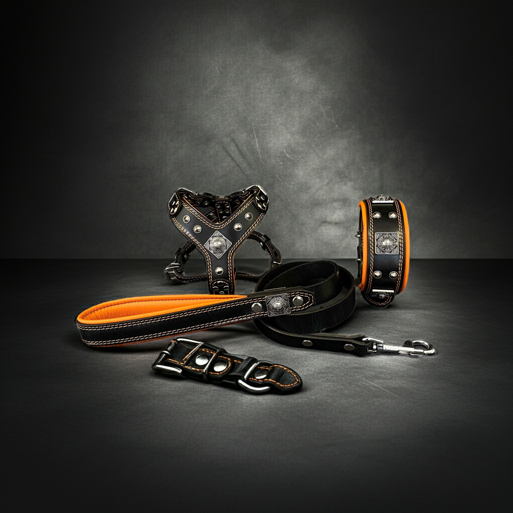 "EROS" Small to Medium dog SET - Harness - collar - lead Black&Orange