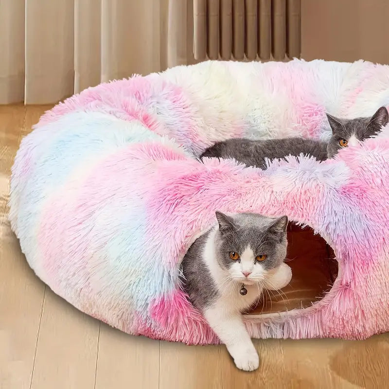 Tunnel Nido in Peluche per Gatti con Pallina - Cuccia Morbida | Cozy Plush Cat Tunnel Nest with Hanging Ball Toy