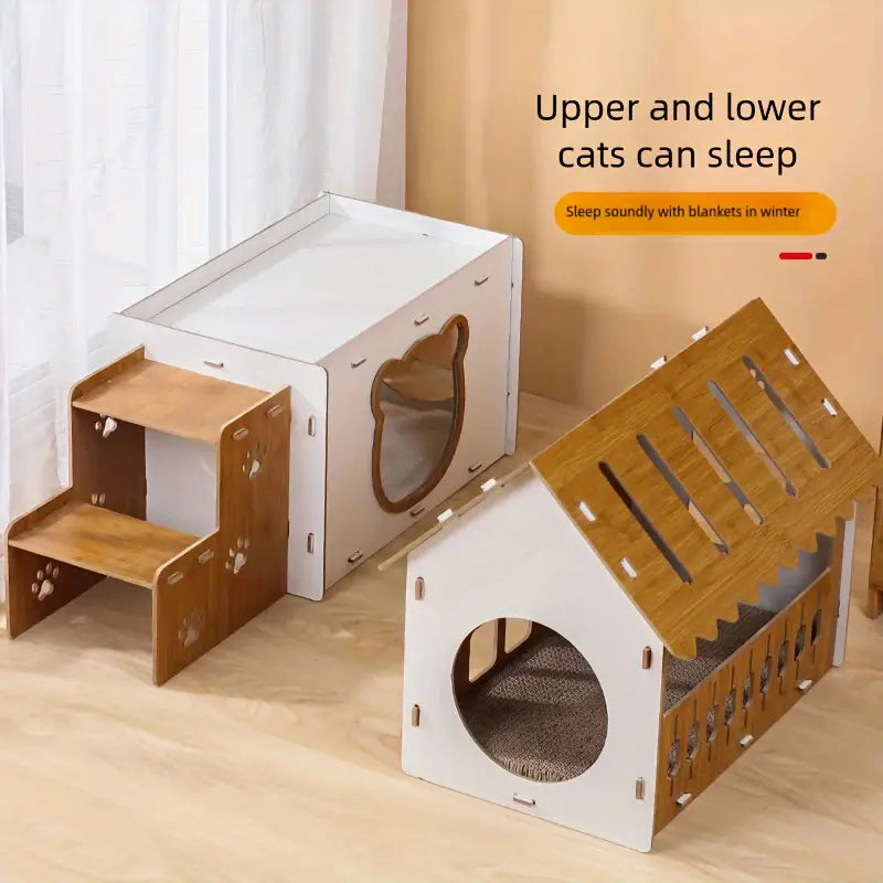 Casa Graffiatoio in Cartone Stile Villa - Fantasia Scozzese | Villa-Style Cat Scratcher Cardboard House