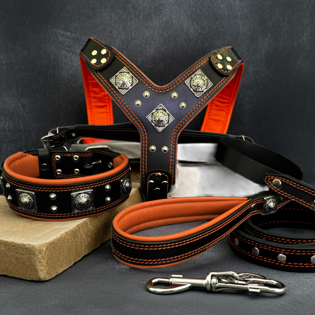 "EROS" BIG dog SET- Harness - collar - lead. Black & Orange