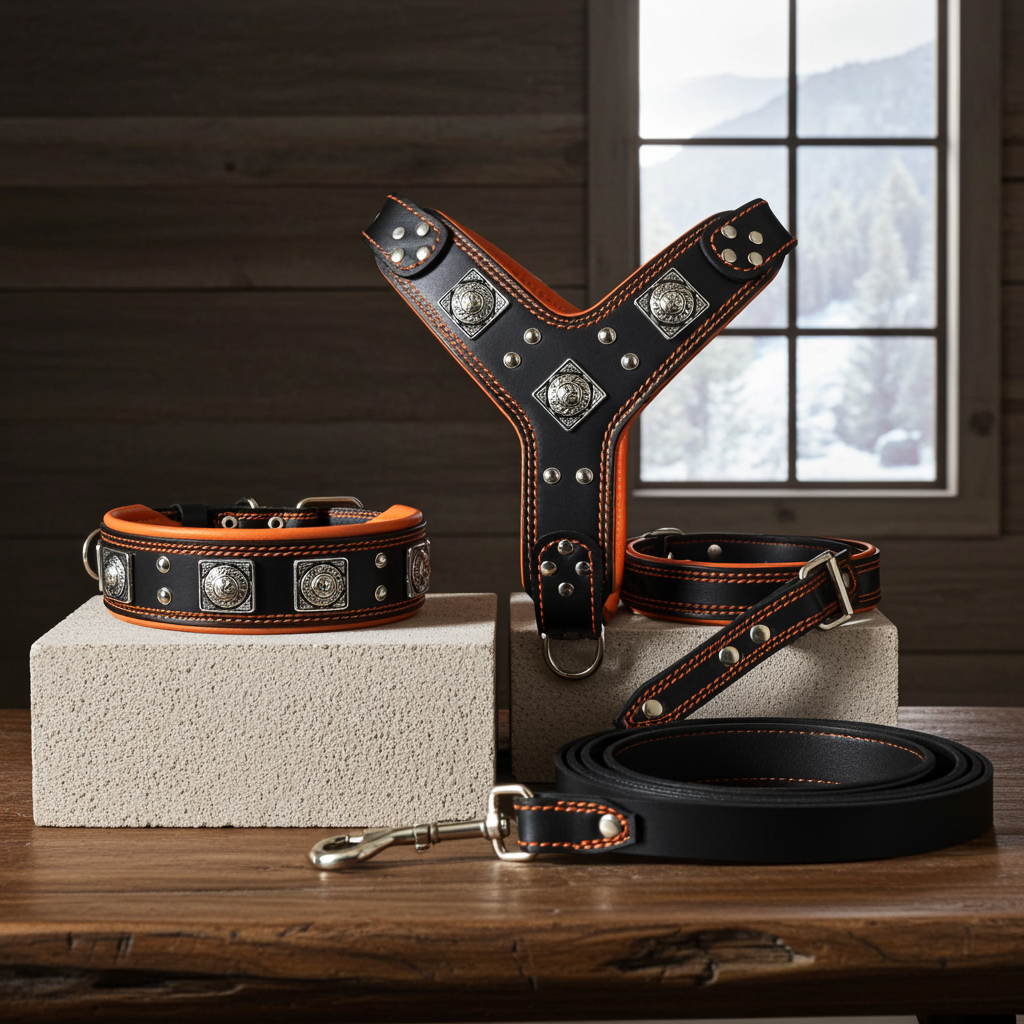 "EROS" BIG dog SET- Harness - collar - lead. Black & Orange