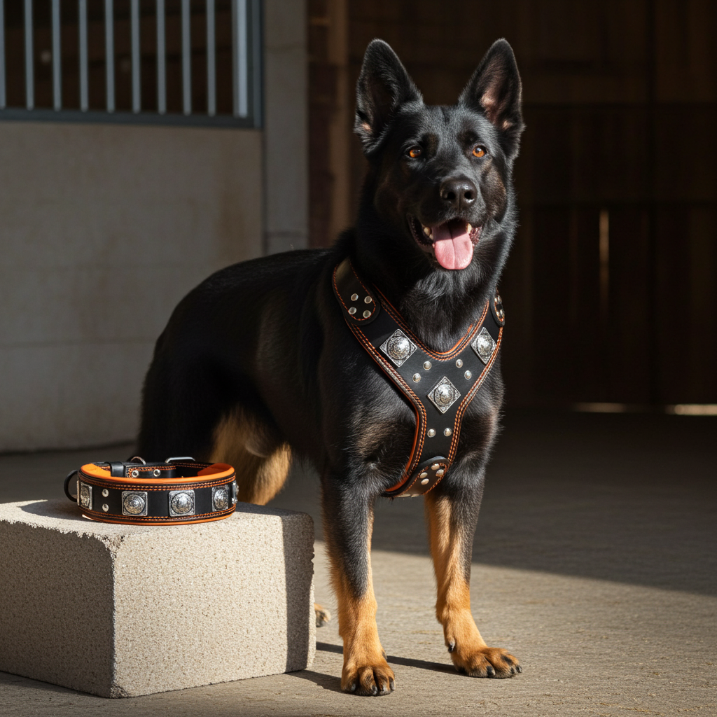 "EROS" BIG dog SET- Harness - collar - lead. Black & Orange