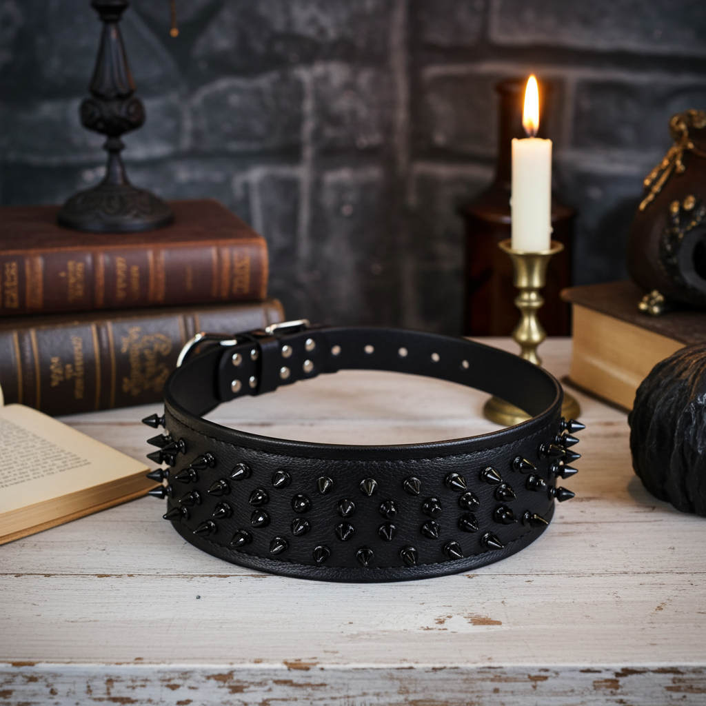 Black ''Crown'' soft leather dog collar