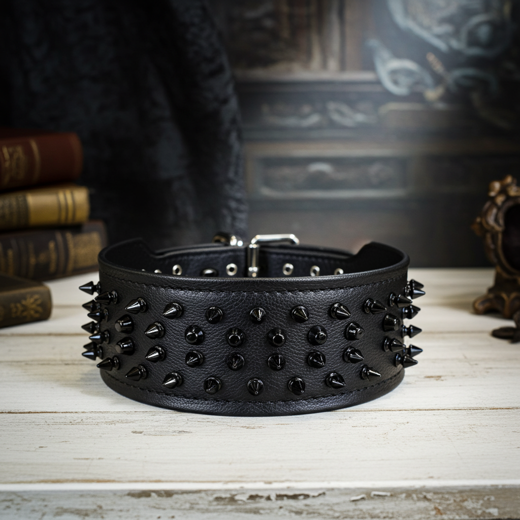Black ''Crown'' soft leather dog collar