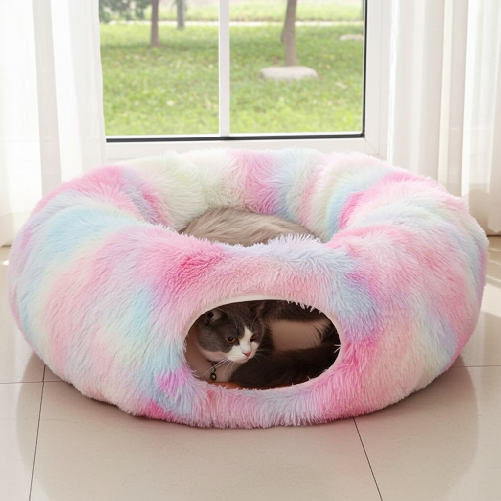 Tunnel Nido in Peluche per Gatti con Pallina - Cuccia Morbida | Cozy Plush Cat Tunnel Nest with Hanging Ball Toy