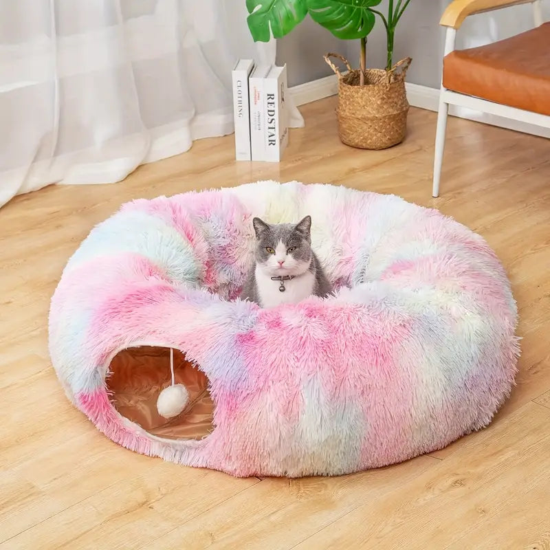 Tunnel Nido in Peluche per Gatti con Pallina - Cuccia Morbida | Cozy Plush Cat Tunnel Nest with Hanging Ball Toy