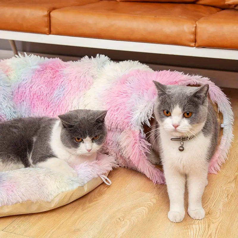 Tunnel Nido in Peluche per Gatti con Pallina - Cuccia Morbida | Cozy Plush Cat Tunnel Nest with Hanging Ball Toy