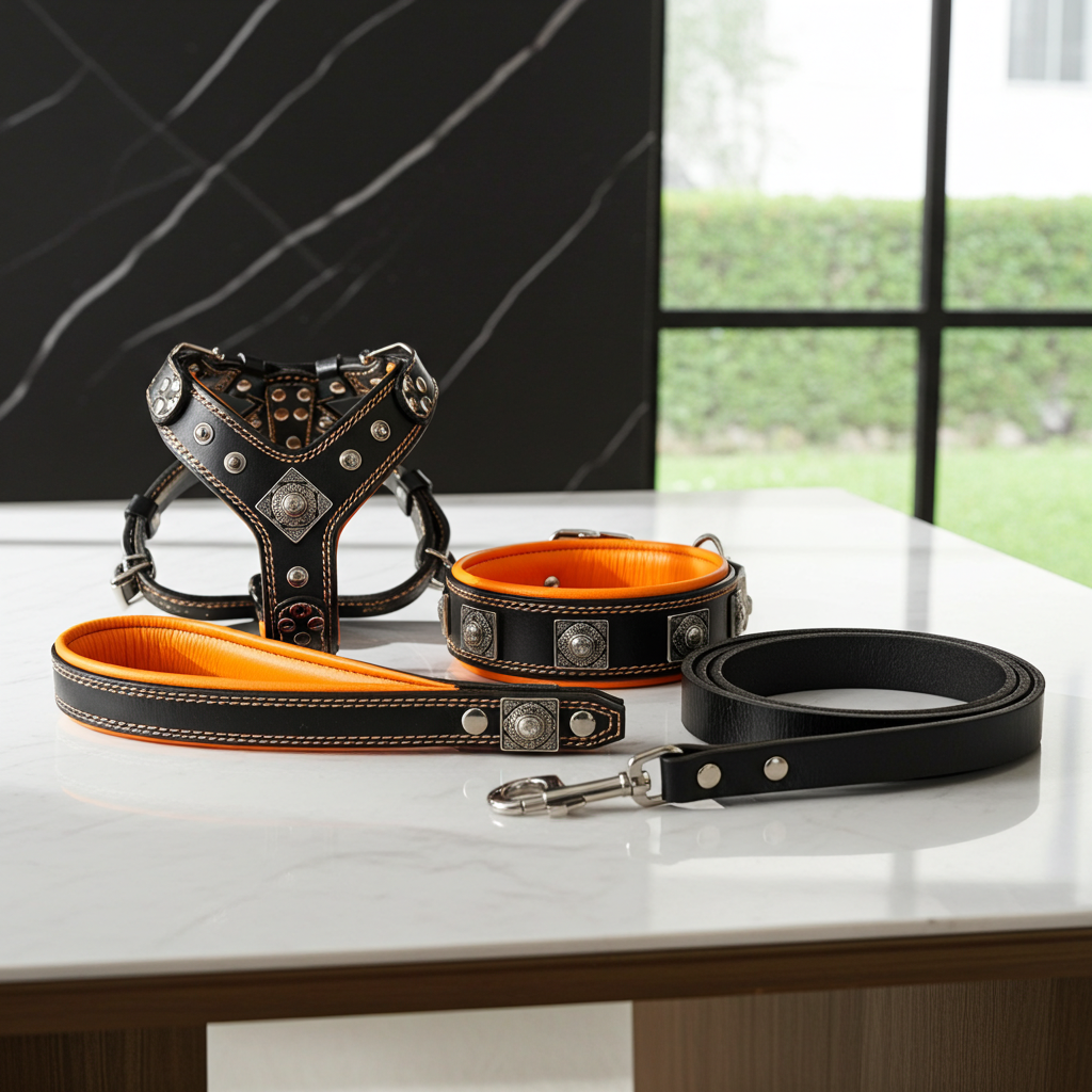 "EROS" Small to Medium dog SET - Harness - collar - lead Black&Orange